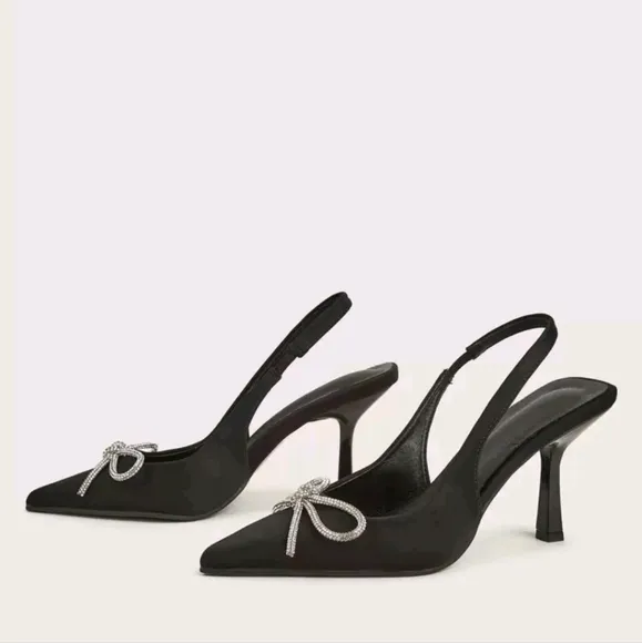 Women Rhinestone Bow Decor Point Toe Sculptural Heeled Slingback Point Toe Stile