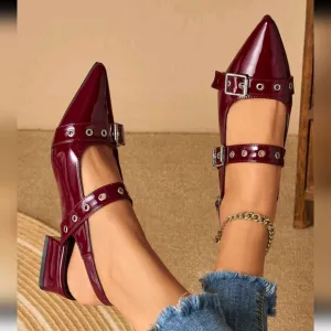 Women Rivet Pointed Toe Block Heel Mules Loafers, Burgundy