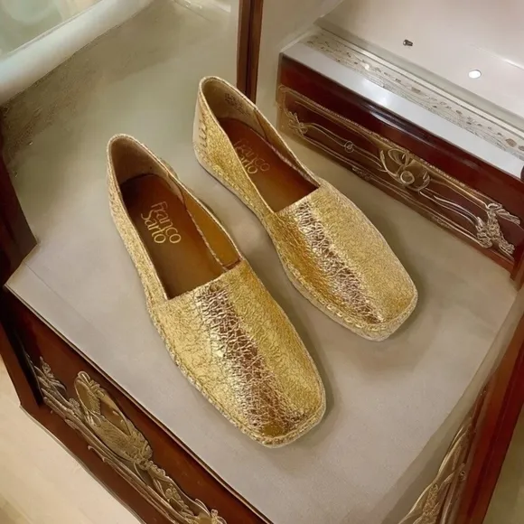 Women Shoes FRANCO SARTO Kenna Slip On Espadrilles Gold Crinkle Loafer Flats