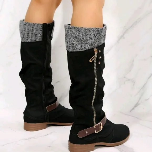 Women Tall Boots With Side Zipper Knitted Collar Riding Boots,Over-The-Knee