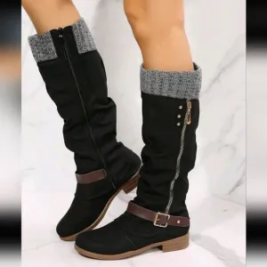 Women Tall Boots With Side Zipper Knitted Collar Riding Boots,Over-The-Knee