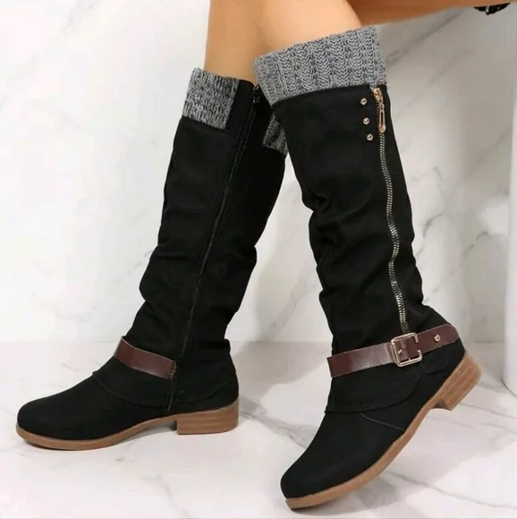 Women Tall Boots With Side Zipper Knitted Collar Riding Boots,Over-The-Knee