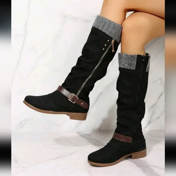 Women Tall Boots With Side Zipper Knitted Collar Riding Boots,Over-The-Knee