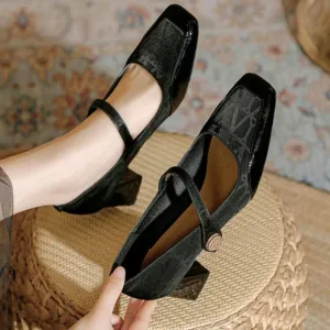 WomenConvenient Magic Buckle One-Strap High-Heeled Shoes,Chunky Heels,Square Toe
