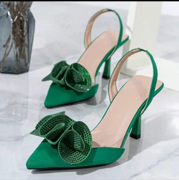 WomenFashionGreen Stiletto Pointed Transparent Jelly Rhinestone Rose Decor Pumps
