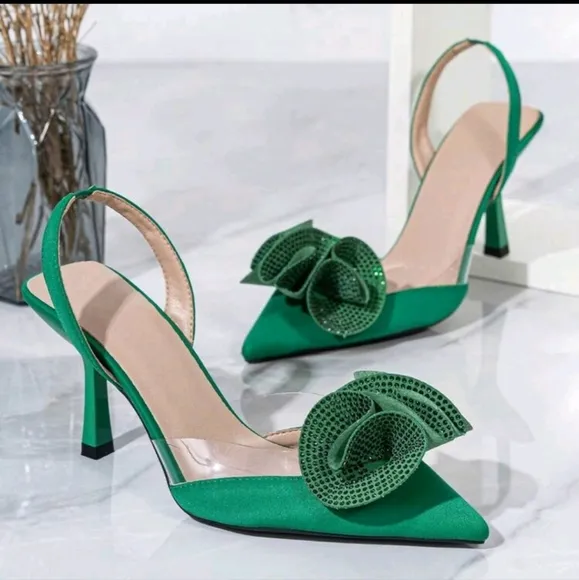 WomenFashionGreen Stiletto Pointed Transparent Jelly Rhinestone Rose Decor Pumps