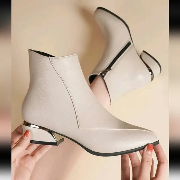 WomenPointedToe Metallic Shimmer Chunky Heel Beige Leather Zipper Fashion  Boots