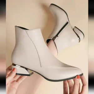WomenPointedToe Metallic Shimmer Chunky Heel Beige Leather Zipper Fashion  Boots