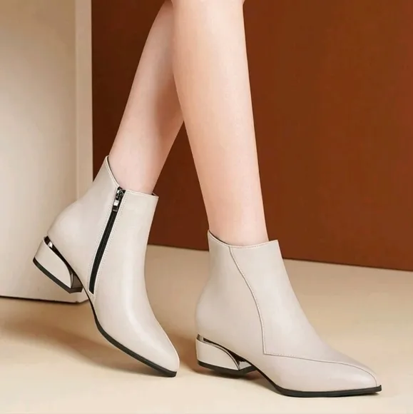 WomenPointedToe Metallic Shimmer Chunky Heel Beige Leather Zipper Fashion  Boots