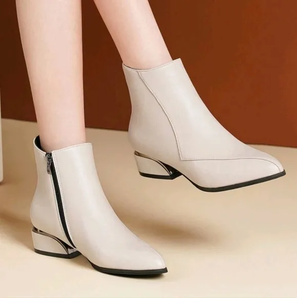 WomenPointedToe Metallic Shimmer Chunky Heel Beige Leather Zipper Fashion  Boots