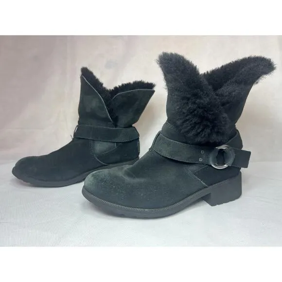 Women's 8 UGG Bodie Black Boots Fold Over Sheepskin Suede Shearling Lined
