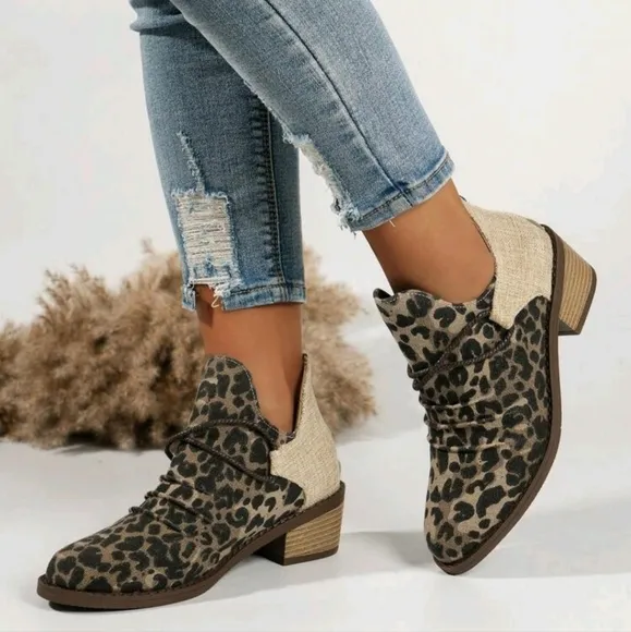Women's Autumn Ankle Boots, Fashionable Color-Blocking Comfy Pointed Toe Chunky