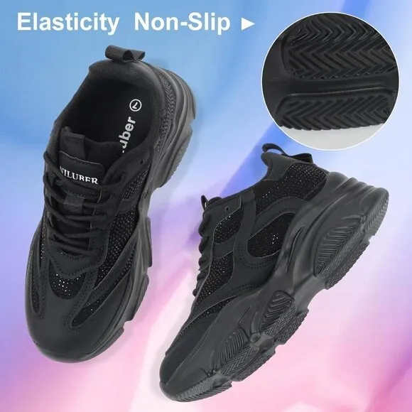 Women's Black Chunky Sneakers-Slip Lightweight Glitter Rhinestone