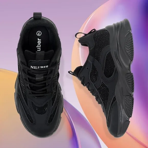 Women's Black Chunky Sneakers-Slip Lightweight Glitter Rhinestone