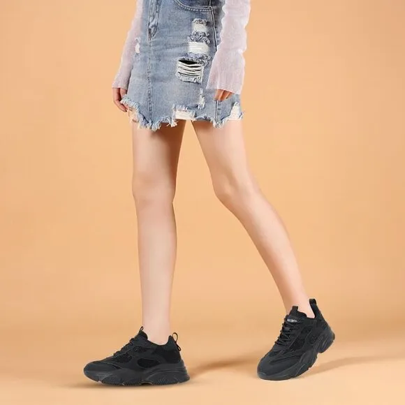 Women's Black Chunky Sneakers-Slip Lightweight Glitter Rhinestone