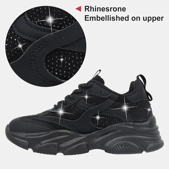 Women's Black Chunky Sneakers-Slip Lightweight Glitter Rhinestone