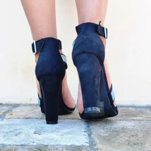 Women's Black Rhinestone Chunky Heeled Ankle Strap Sandals