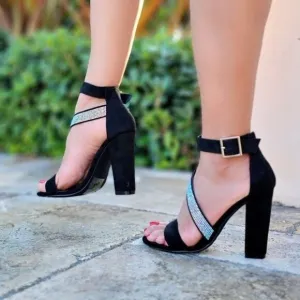 Women's Black Rhinestone Chunky Heeled Ankle Strap Sandals