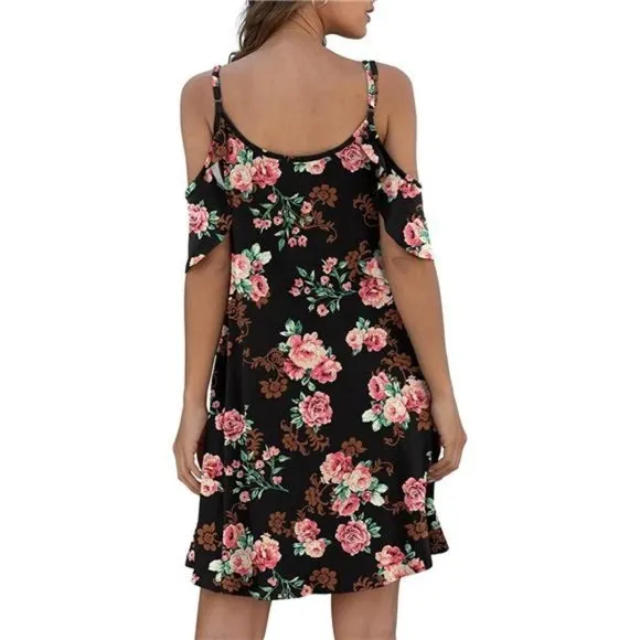 Women's Casual Spaghetti Strap Sundress Dress, Rose Black
