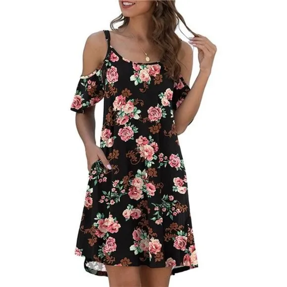 Women's Casual Spaghetti Strap Sundress Dress, Rose Black