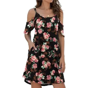 Women's Casual Spaghetti Strap Sundress Dress, Rose Black