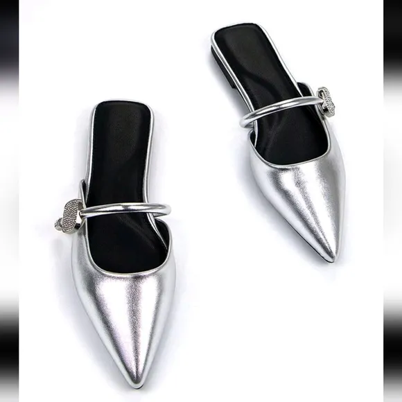 Women's Elegant Silver Crystal Encrusted Strap Decor Metallic Point Toe Mules,