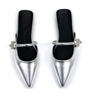 Women's Elegant Silver Crystal Encrusted Strap Decor Metallic Point Toe Mules,