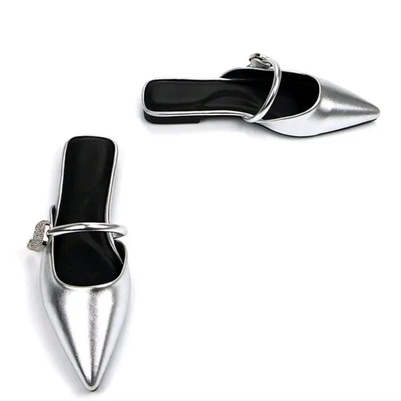 Women's Elegant Silver Crystal Encrusted Strap Decor Metallic Point Toe Mules,