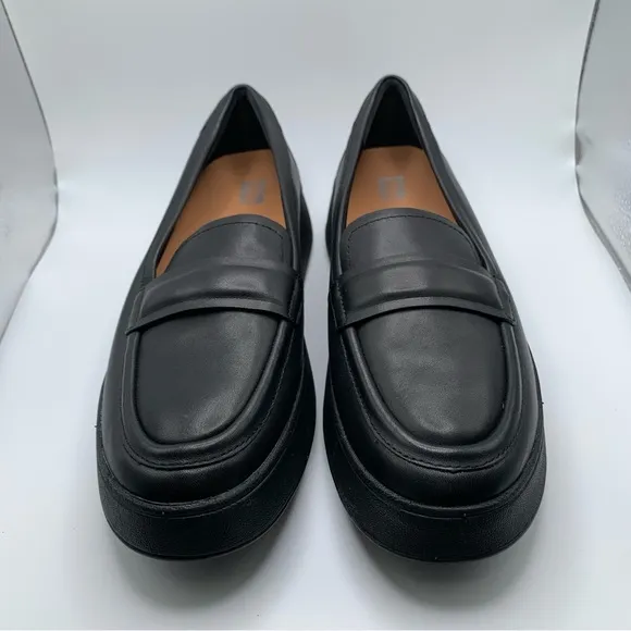Women's FitFlop F-Mode Padded-Detail Leather Flatform Loafers size 10 black 2682
