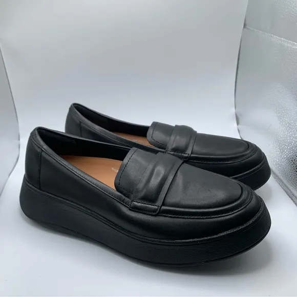 Women's FitFlop F-Mode Padded-Detail Leather Flatform Loafers size 10 black 2682