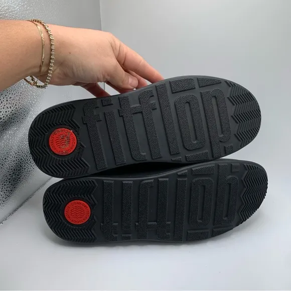 Women's FitFlop F-Mode Padded-Detail Leather Flatform Loafers size 10 black 2682