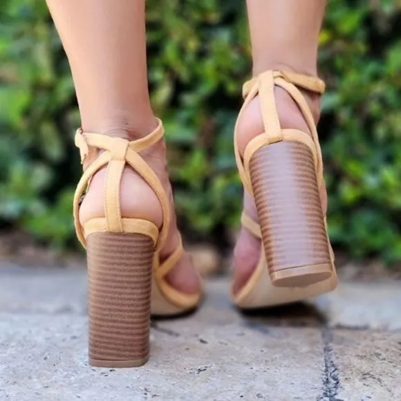 Women's High Heel Chunky Block Sandal Tan Color
