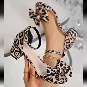 Women's Leopard Print Chunky Heel Sandals With Bow Decor And Metal Chain Ankle