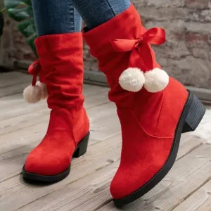 Women's Mid-Calf Boots, Red High Heel Round Toe Fluffy Boots