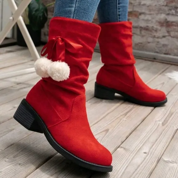 Women's Mid-Calf Boots, Red High Heel Round Toe Fluffy Boots