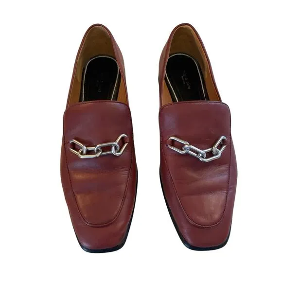 Womens Rag Bone Aslen Leather Russet Red Chain Accent Loafer Shoes Size 37.5