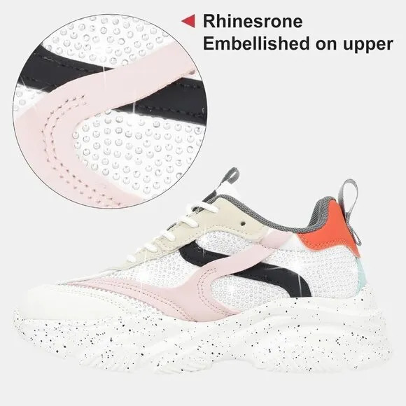 Women's White Chunky Sneakers-SlipShoes-Lightweight Glitter Rhinestone