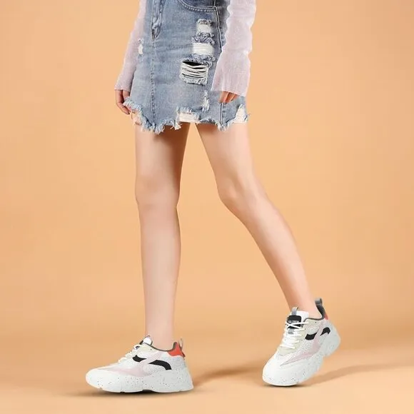 Women's White Chunky Sneakers-SlipShoes-Lightweight Glitter Rhinestone