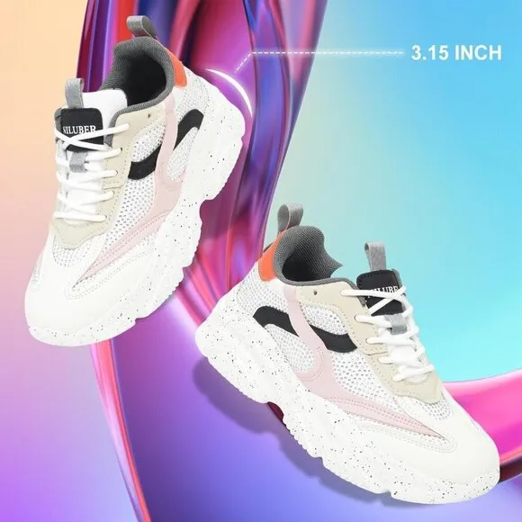 Women's White Chunky Sneakers-SlipShoes-Lightweight Glitter Rhinestone