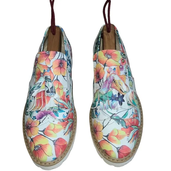 Zapato White Leather Loafer Oxford Lug Sole Floral Print Women's Size 6.5