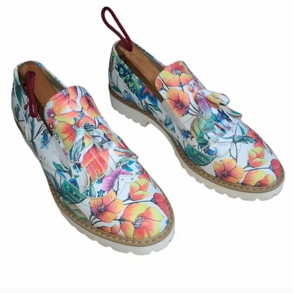 Zapato White Leather Loafer Oxford Lug Sole Floral Print Women's Size 6.5