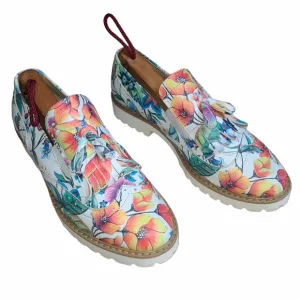 Zapato White Leather Loafer Oxford Lug Sole Floral Print Women's Size 6.5