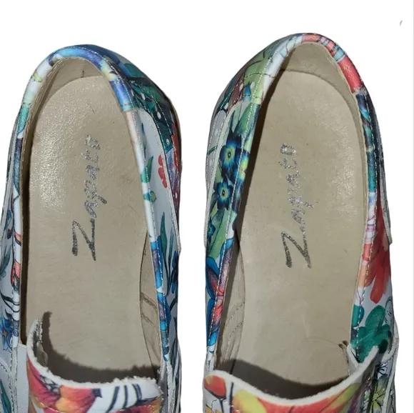 Zapato White Leather Loafer Oxford Lug Sole Floral Print Women's Size 6.5