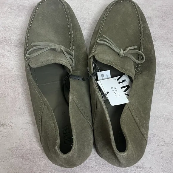 Zara Men Size 11.5 Leather Army Green Driving Moccasins NEW Casual Comfort Shoes