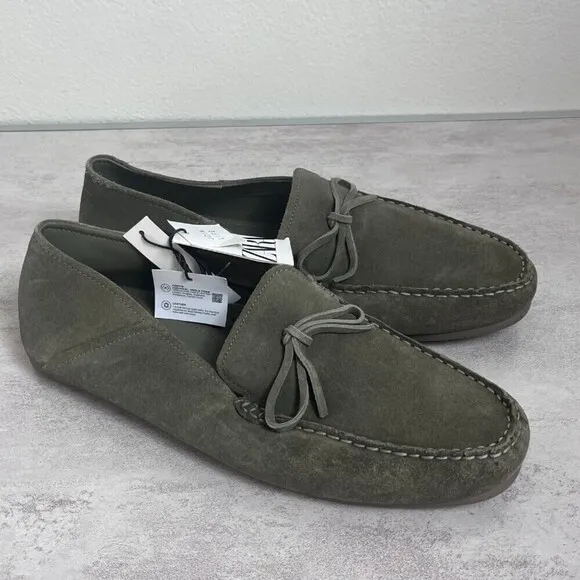 Zara Men Size 11.5 Leather Army Green Driving Moccasins NEW Casual Comfort Shoes