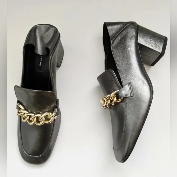 Zara Soft Leather Mid Heel Shoes With Chain Detail Women's Size 6