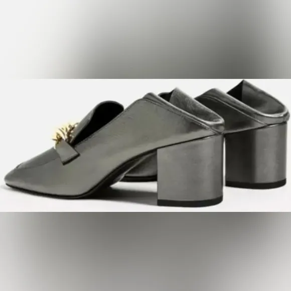 Zara Soft Leather Mid Heel Shoes With Chain Detail Women's Size 6