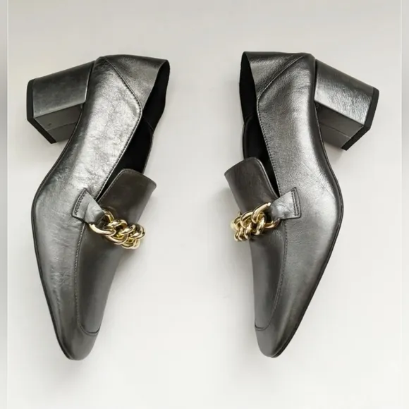 Zara Soft Leather Mid Heel Shoes With Chain Detail Women's Size 6