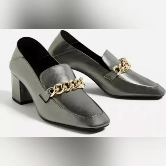 Zara Soft Leather Mid Heel Shoes With Chain Detail Women's Size 6