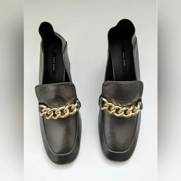Zara Soft Leather Mid Heel Shoes With Chain Detail Women's Size 6
